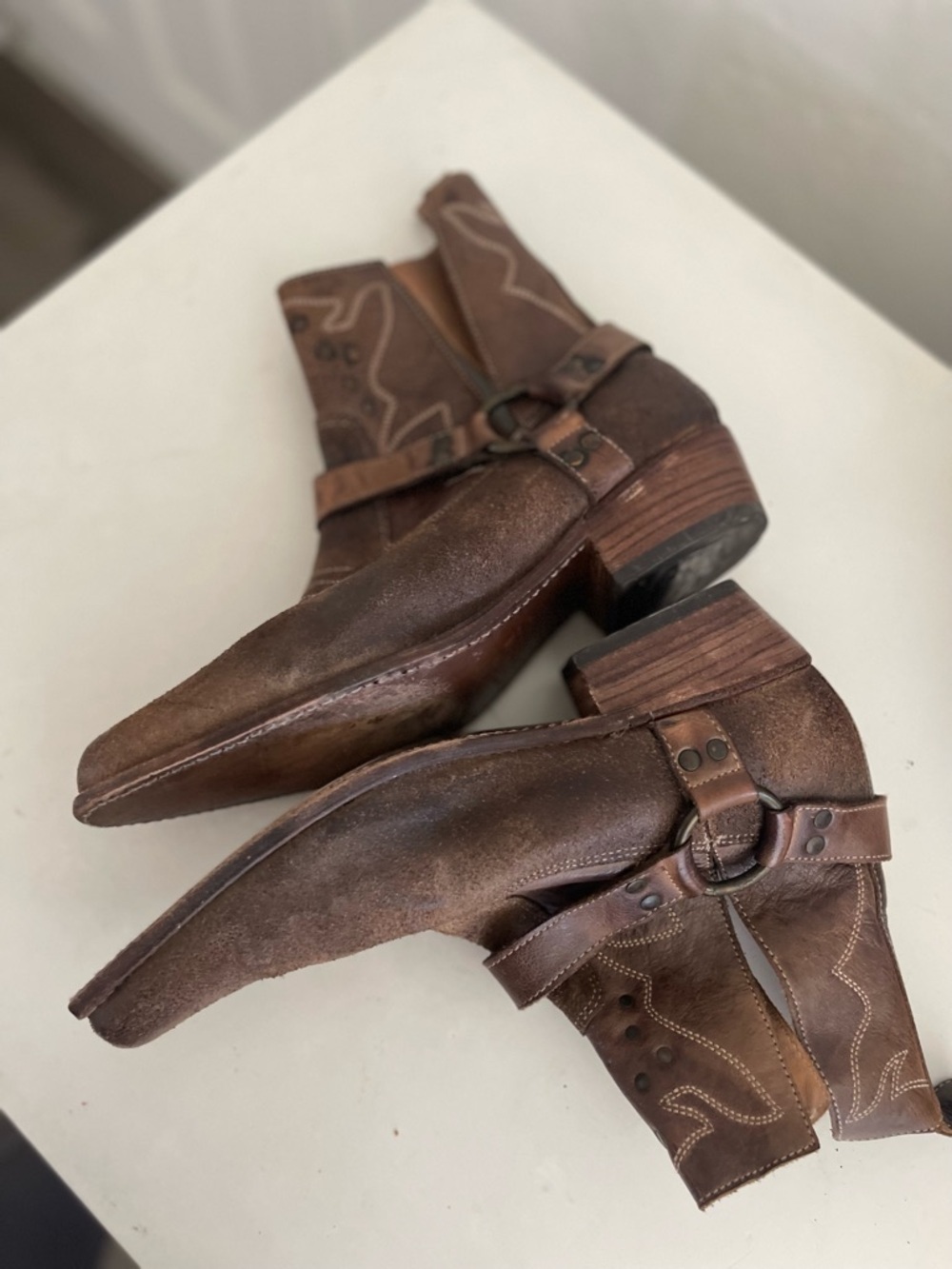 Bed Stu Brown Distressed Leather Harness Ankle Boots - Picture 4 of 9